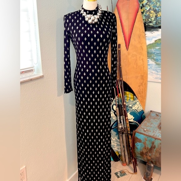 VTG Cach’e,Exquisite,Vintage Black & Silver,Open-Back Gown, Side Splits,6 - Picture 5 of 16